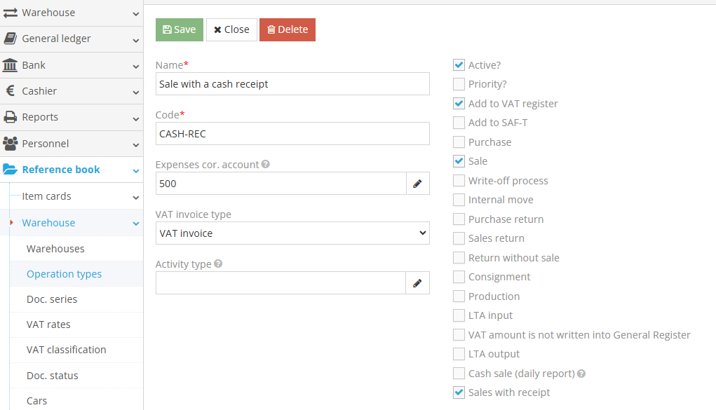 Sale with cash receipt from the cash register